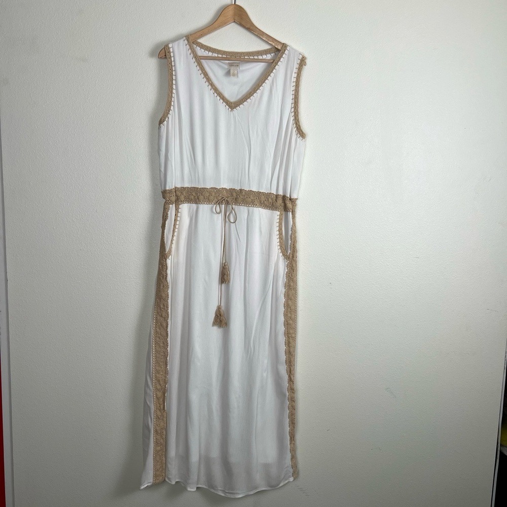 Chicos Dress Womens Size L White Beach‎ Sleeveless Crochet Maxi Boho Grecian